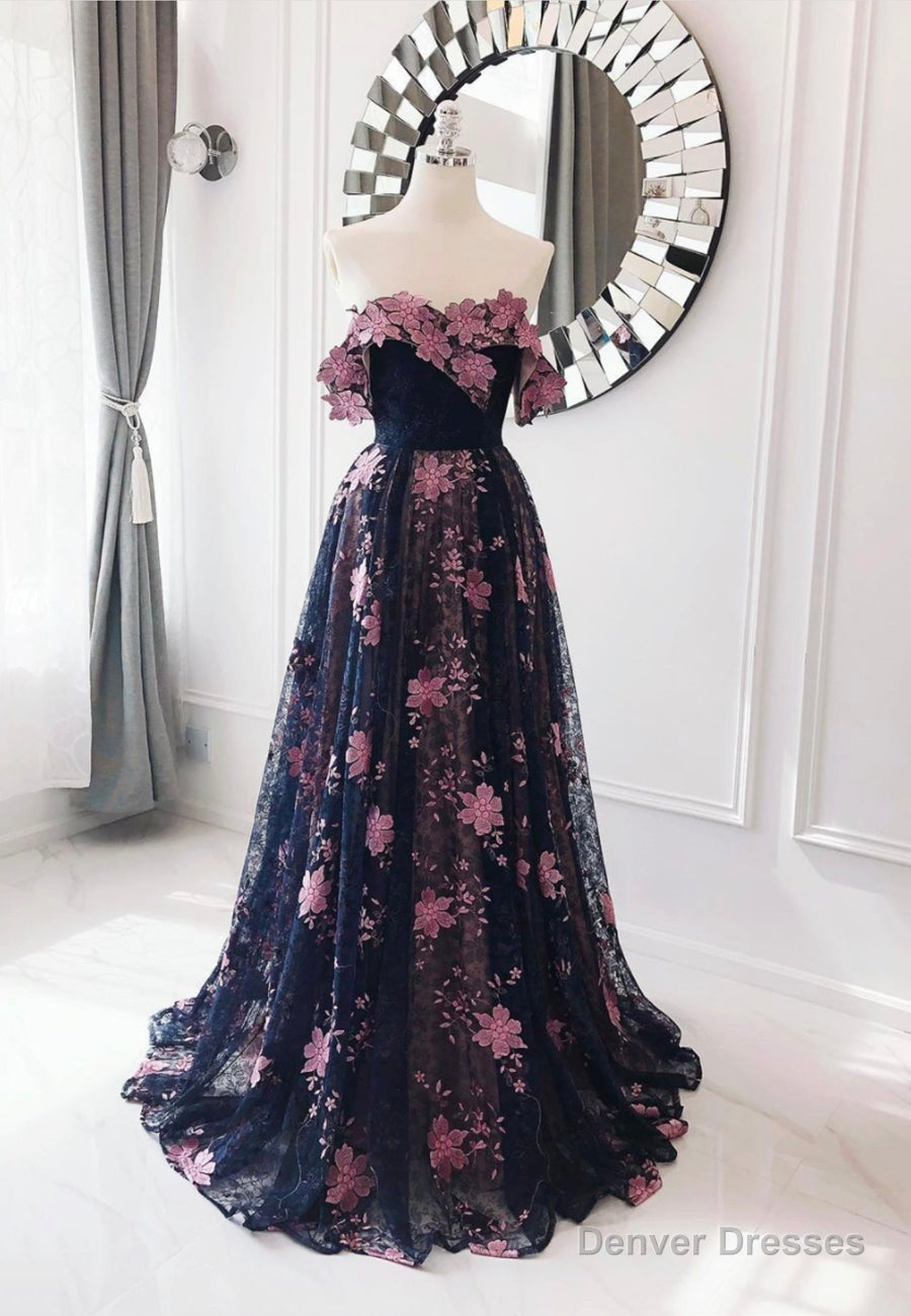 Black Lace Long A-Line Prom Dresses, Black Evening Dresses Main image