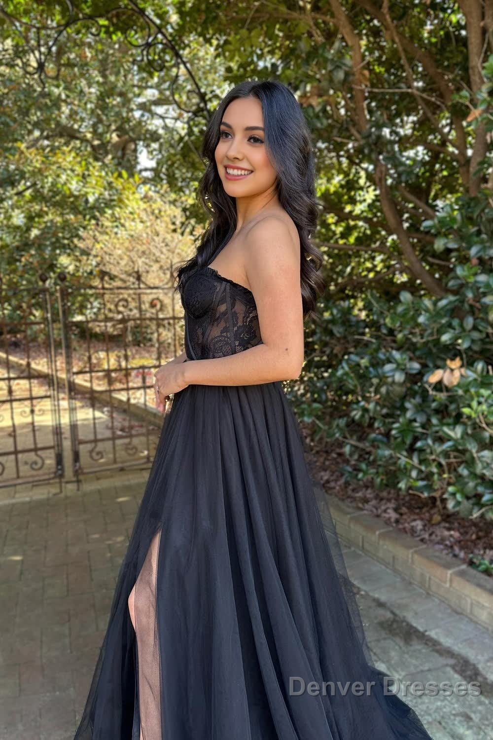 Black A-Line Corset Long Prom Dress with Slit Secondary image