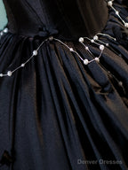 Black A-Line Floor Length Prom Dress With Pearl, Off The Shoulder Evening Party Dress