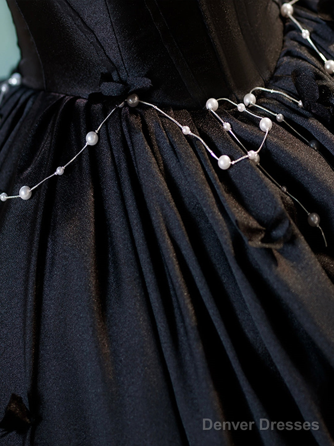 Black A-Line Floor Length Prom Dress With Pearl, Off The Shoulder Evening Party Dress