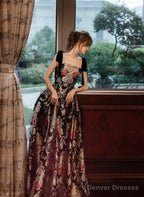 Black A-Line Floral Satin Straps Long Party Dress, Black Satin Prom Dress