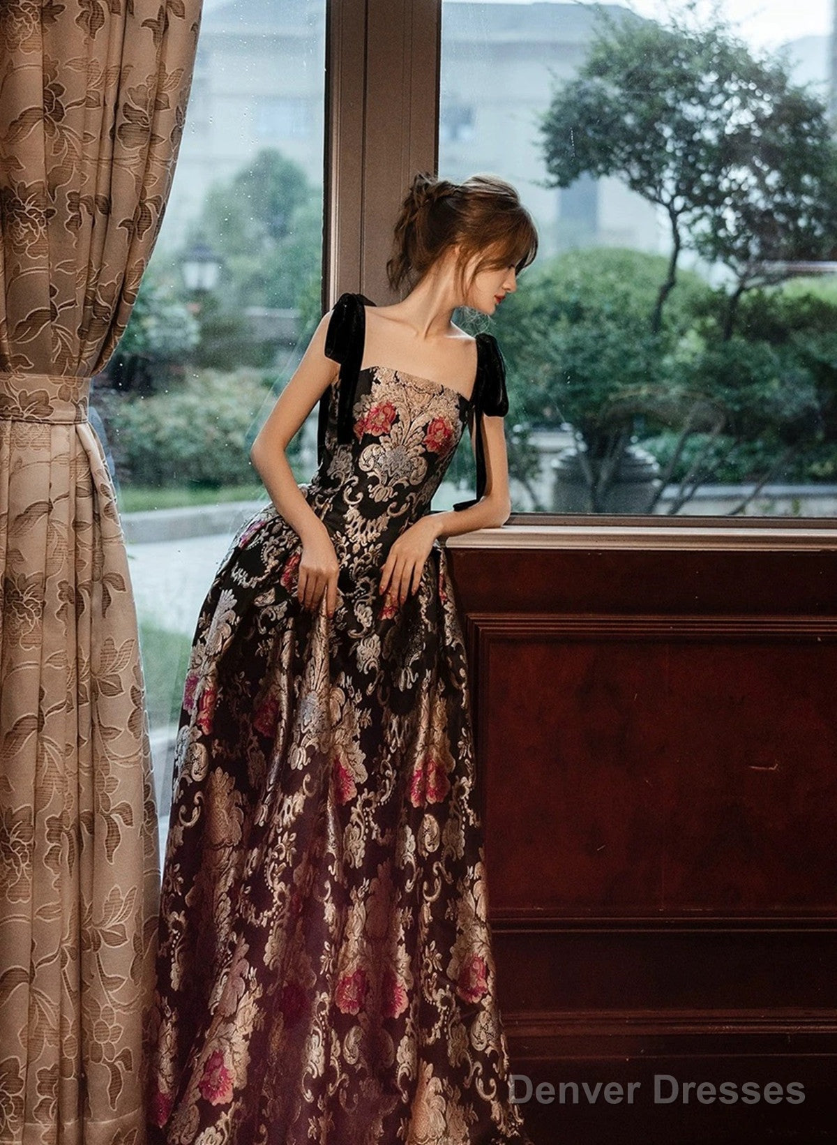 Black A-Line Floral Satin Straps Long Party Dress, Black Satin Prom Dress