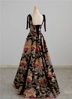 Black A-Line Floral Satin Straps Long Party Dress, Black Satin Prom Dress