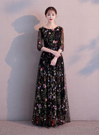 Black A-Line Floral Tulle Prom Dress Party Dress, Black Evening Formal Dress