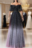 Black A-Line Gradient Tulle Short Sleeves Prom Dress, Black Long Evening Dress