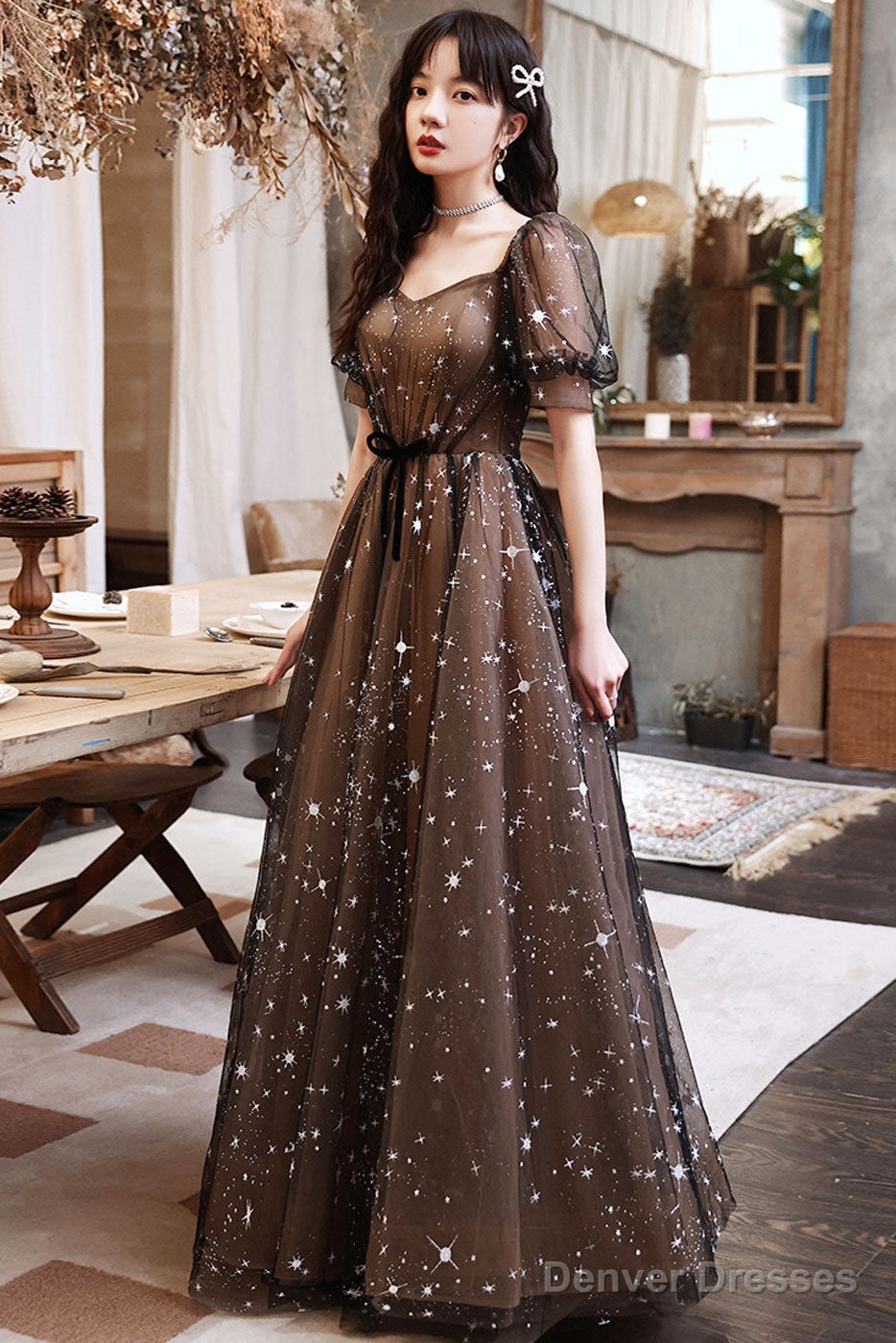Black A-Line Lace Long Prom Dresses, Black Tulle Formal Evening Dress