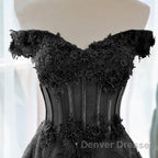 Black A-Line Lace Off Shoulder Tulle With Lace Prom Dress, Black Long Evening Dress
