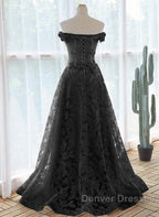 Black A-Line Lace Off Shoulder Tulle With Lace Prom Dress, Black Long Evening Dress