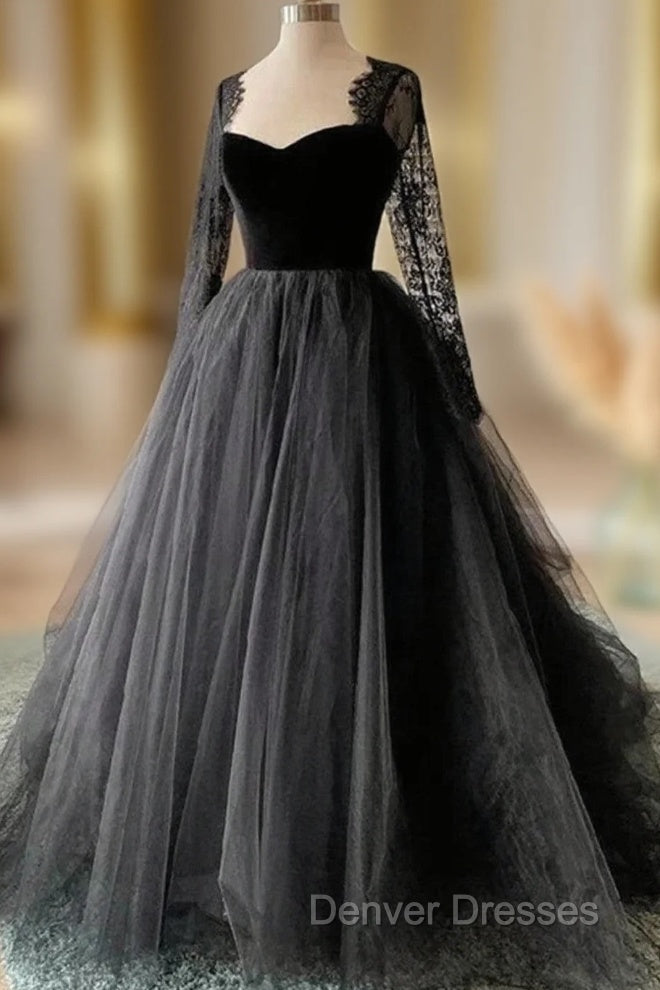 Black A-line Long Lace Sleeves Tulle Formal Dress, Black Prom Dress Party Dress