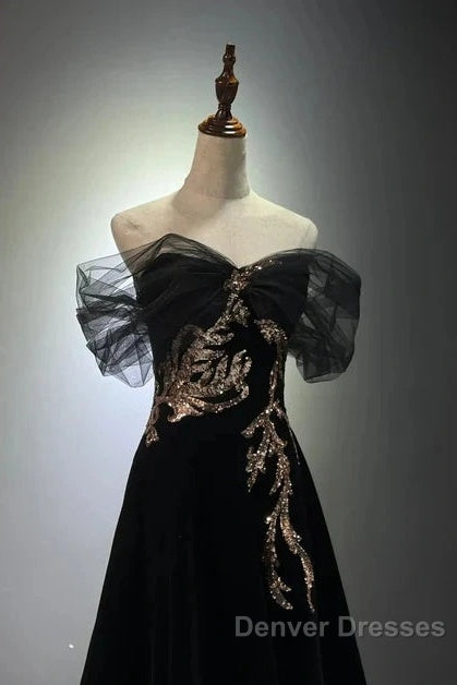 Black A-Line Off Shoulder Tulle Velvet Long Prom Dress,Sequin Formal Evening Dress Secondary image