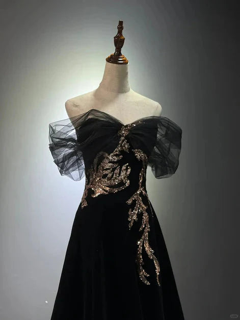 Black A-Line Off Shoulder Tulle Velvet Long Prom Dress,Sequin Formal Evening Dress Secondary image