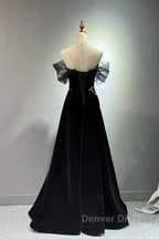 Black A-Line Off Shoulder Tulle Velvet Long Prom Dress,Sequin Formal Evening Dress