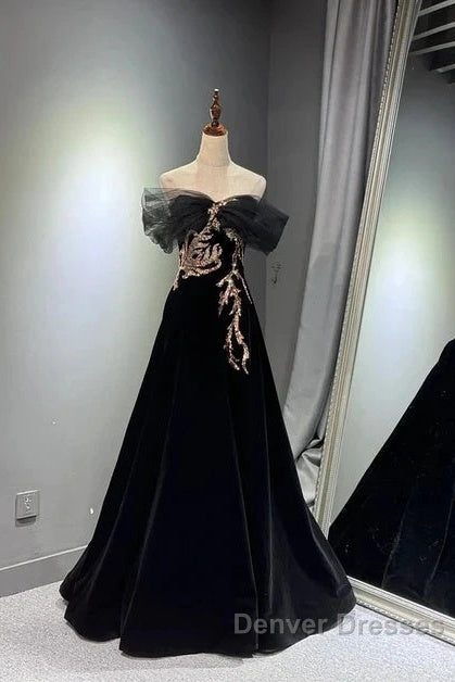 Black A-Line Off Shoulder Tulle Velvet Long Prom Dress,Sequin Formal Evening Dress