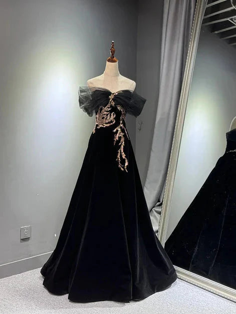 Black A-Line Off Shoulder Tulle Velvet Long Prom Dress,Sequin Formal Evening Dress Main image