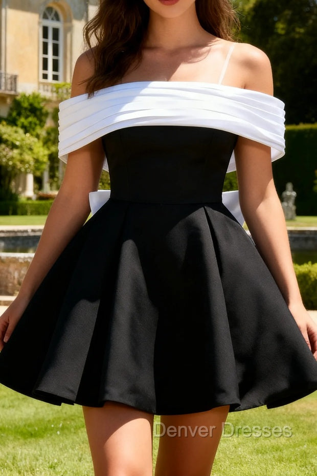 Black A-Line Off The Shoulder Short Homecoming Dress with Bow Main image