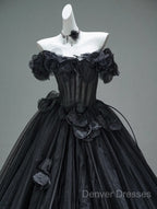 Black A-Line Off-The-Shoulder Tulle 3D Applique Long Prom Dress,Adult Ceremony Graduation Prom Dress