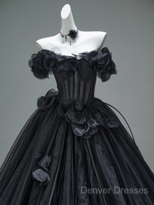 Black A-Line Off-The-Shoulder Tulle 3D Applique Long Prom Dress,Adult Ceremony Graduation Prom Dress