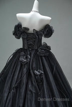 Black A-Line Off-The-Shoulder Tulle 3D Applique Long Prom Dress,Adult Ceremony Graduation Prom Dress