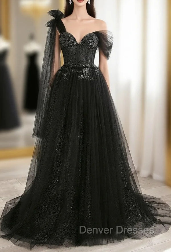 Black A line one Shoulder Tulle Long Prom Dress, Black Tulle Formal Dress