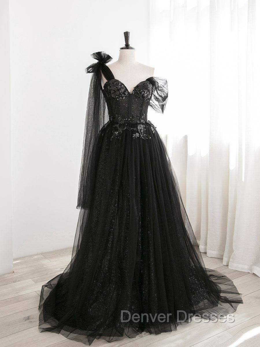 Black A line one Shoulder Tulle Long Prom Dress, Black Tulle Formal Dress Main image