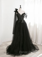 Black A line one Shoulder Tulle Long Prom Dress, Black Tulle Formal Dress