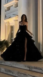 Black A-Line Ruffle Sequin Prom Dress