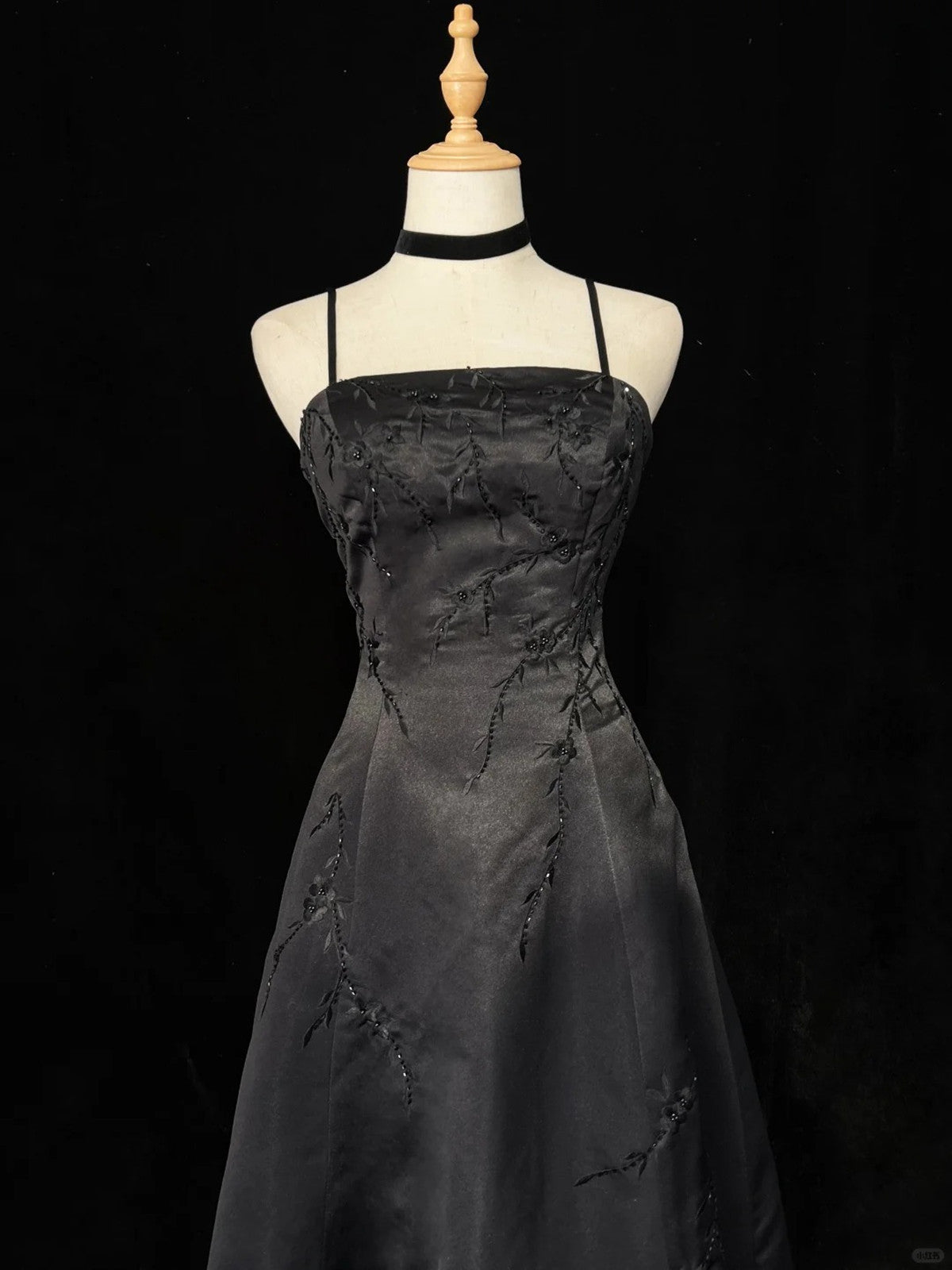 Black A-Line Satin With Lace Applique Prom Dress, Black Straps Long Party Dress Secondary image