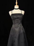 Black A-Line Satin With Lace Applique Prom Dress, Black Straps Long Party Dress