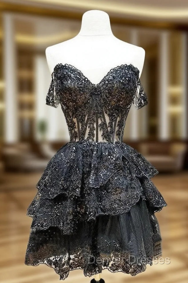 Black A-Line Sequin Tulle Short Prom Dress, Black Homecoming Dress Main image