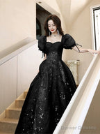 Black A-Line Short Sleeves Lace Floor Length Party Dress, Black Sweetheart Prom Dress