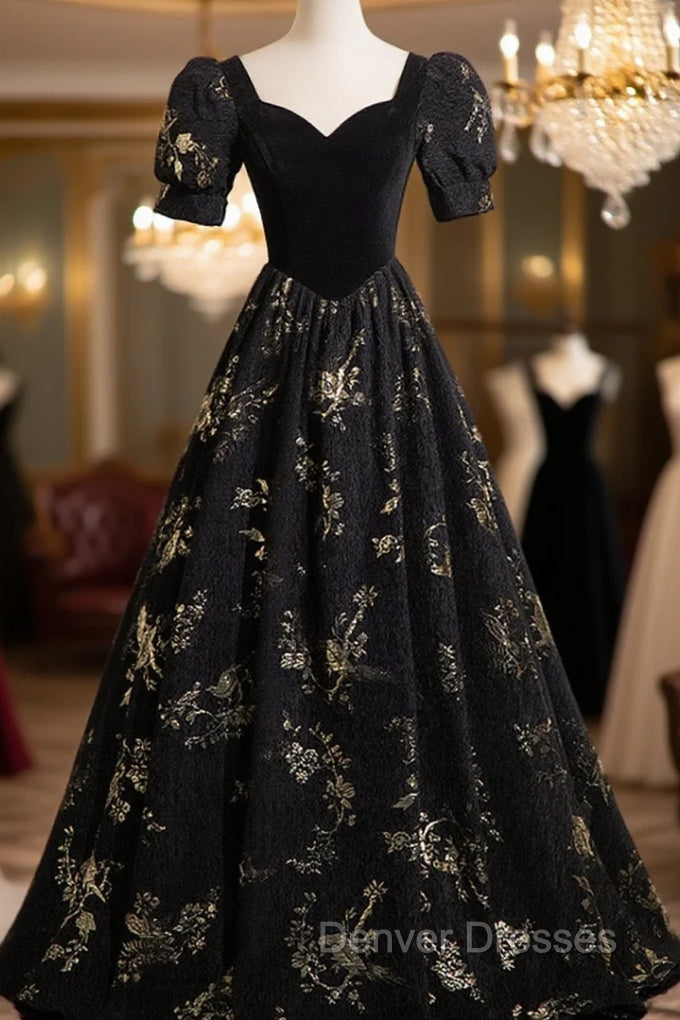 Black A-line Short Sleeves Sweetheart Floral Long PartY Dress, Black Prom Dress Main image