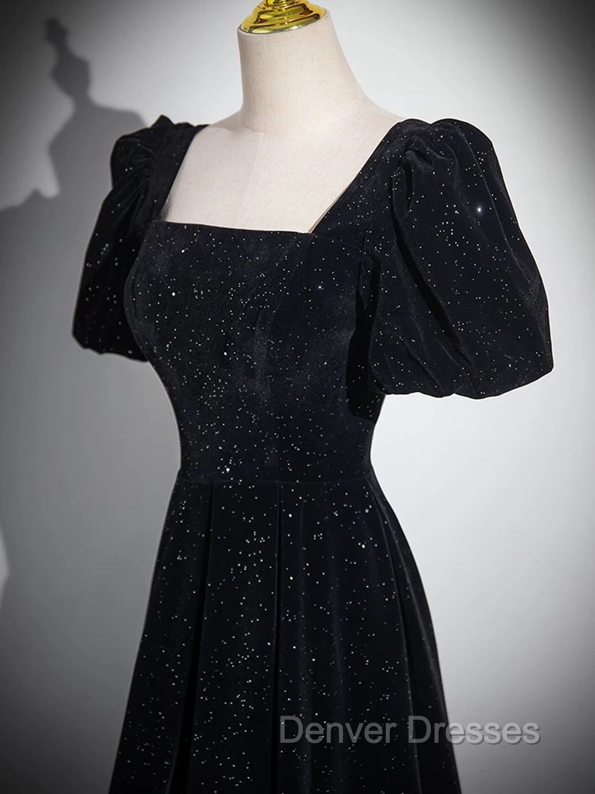 Black A-line Short Sleeves Velvet Simple Party Dress, Black Evening Dress Prom Dress