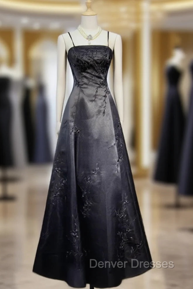 Black A-Line Straps Beaded Floor Length Party Dress, Black Satin Long Prom Dress Main image