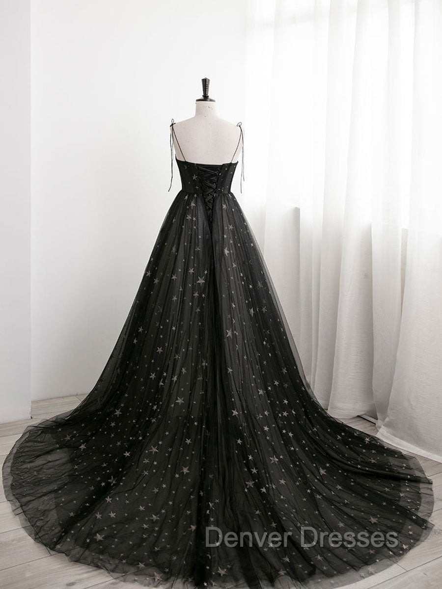 Black A line Sweetheart Neck Tulle Long Prom Dress, Black Formal Graduation Dress