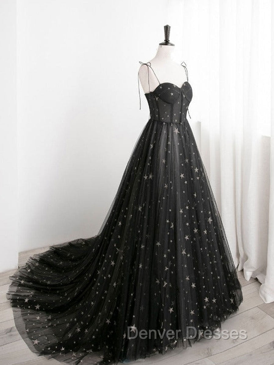 Black A line Sweetheart Neck Tulle Long Prom Dress, Black Formal Graduation Dress
