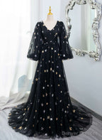Black A-Line Tulle Evening Dress Party Dress, Black Long Sleeves Prom Dress