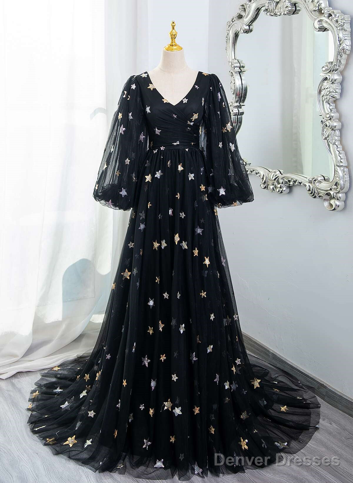 Black A-Line Tulle Evening Dress Party Dress, Black Long Sleeves Prom Dress