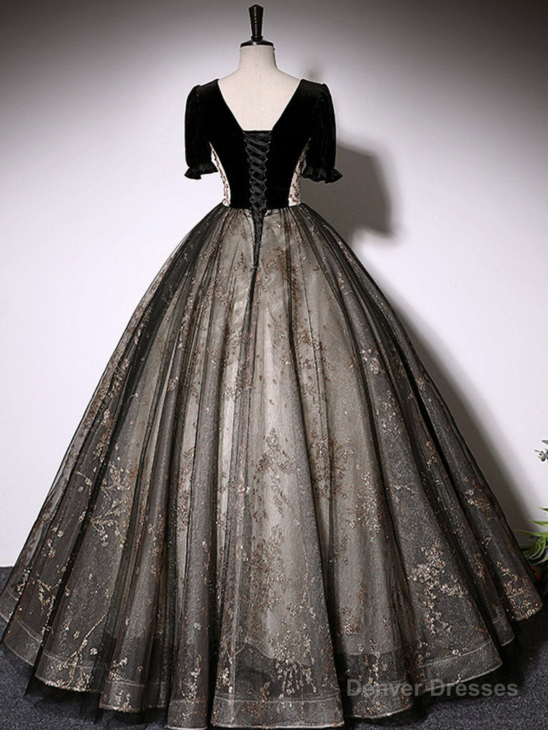 Black A-Line Tulle Lace Long Prom Dress, Black Lace Formal Dress Main image