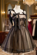 Black A-Line Tulle Lace Short Prom Dress, Black Lace Homecoming Dress