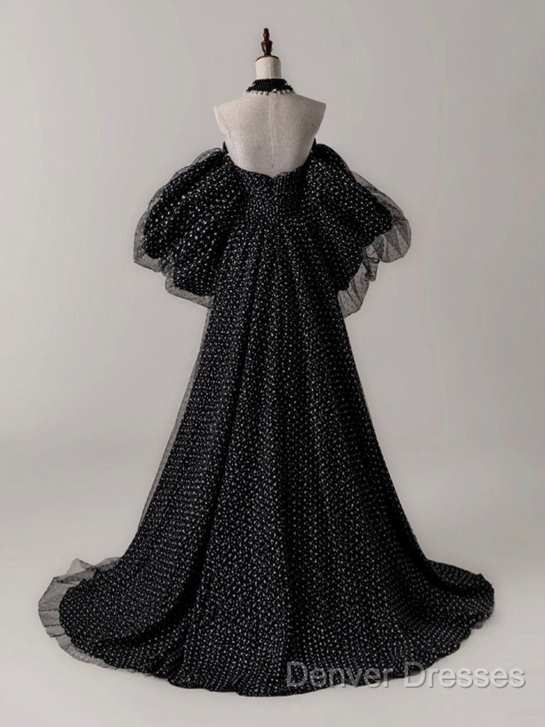 Black A- Line Tulle Long Prom Dress, Black Long Formal Dress