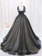Black A-Line Tulle Long Prom Dress, Black Tulle Formal Evening Dress