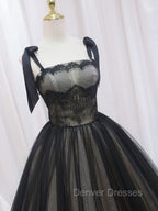 Black A-Line Tulle Long Prom Dress, Black Tulle Formal Evening Dress