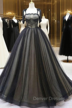 Black A-Line Tulle Long Prom Dress, Black Tulle Formal Evening Dress