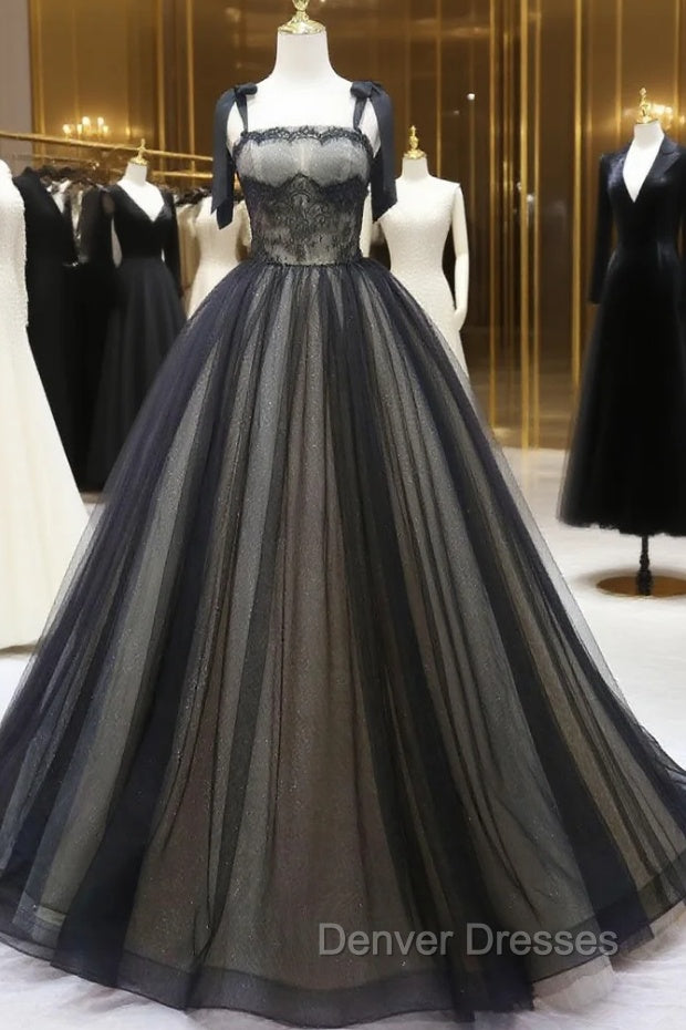 Black A-Line Tulle Long Prom Dress, Black Tulle Formal Evening Dress