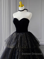 Black  A-Line Tulle Shiny Tulle Long Prom Dress, Black Tulle Formal Dress