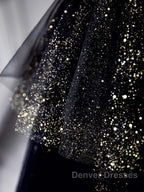 Black  A-Line Tulle Shiny Tulle Long Prom Dress, Black Tulle Formal Dress