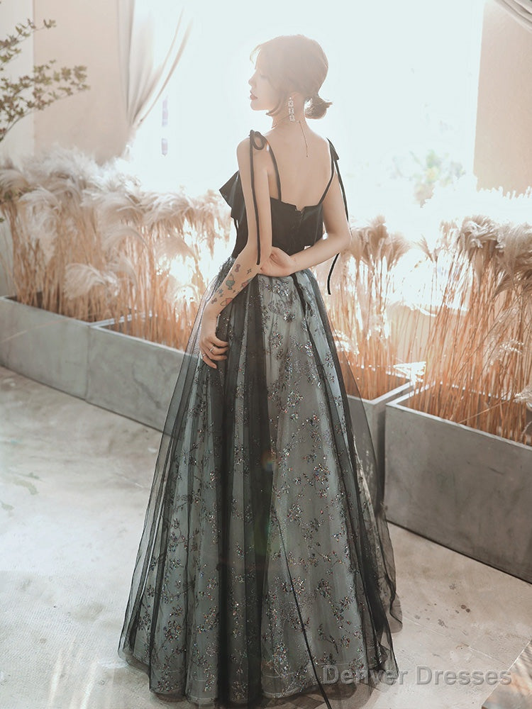 Black A-Line Tulle Straps Long Party Dress, A-Line Black Formal Dress Prom Dress