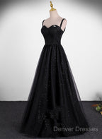 Black A-Line Tulle Straps Simple Long Prom Dress, Black Evening Dress Party Dress