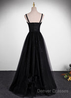 Black A-Line Tulle Straps Simple Long Prom Dress, Black Evening Dress Party Dress