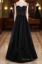 Black A-Line Tulle Straps Simple Long Prom Dress, Black Evening Dress Party Dress